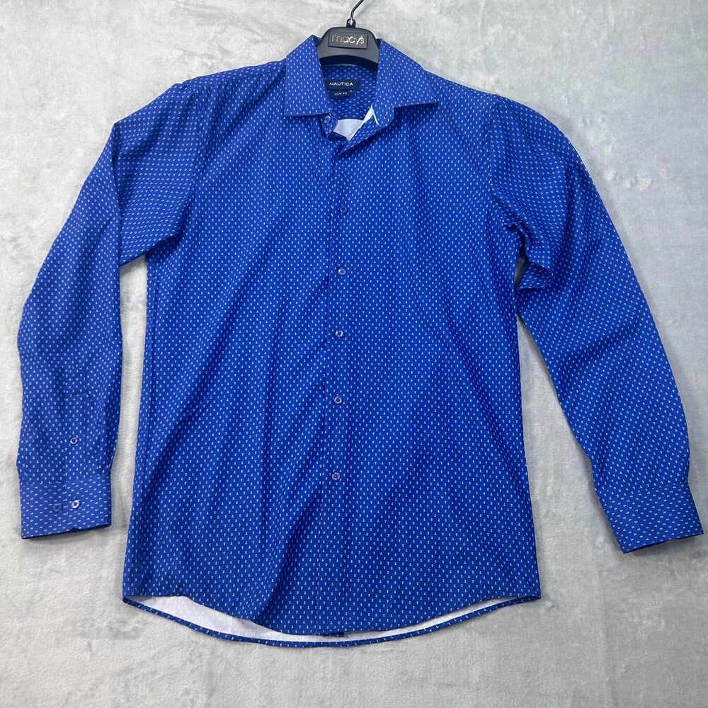 Mens Long Sleeve Slim Fit Button Up Nautica Anchor Design Shirt 15-15 1/2 34/35